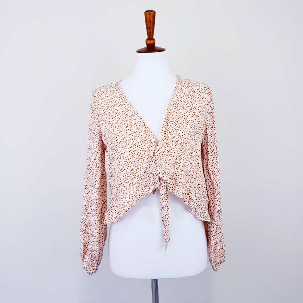 Sadie & Sage Ruffle Tie Front Crop Top Long Sleeve Festival Ivory Rust Large